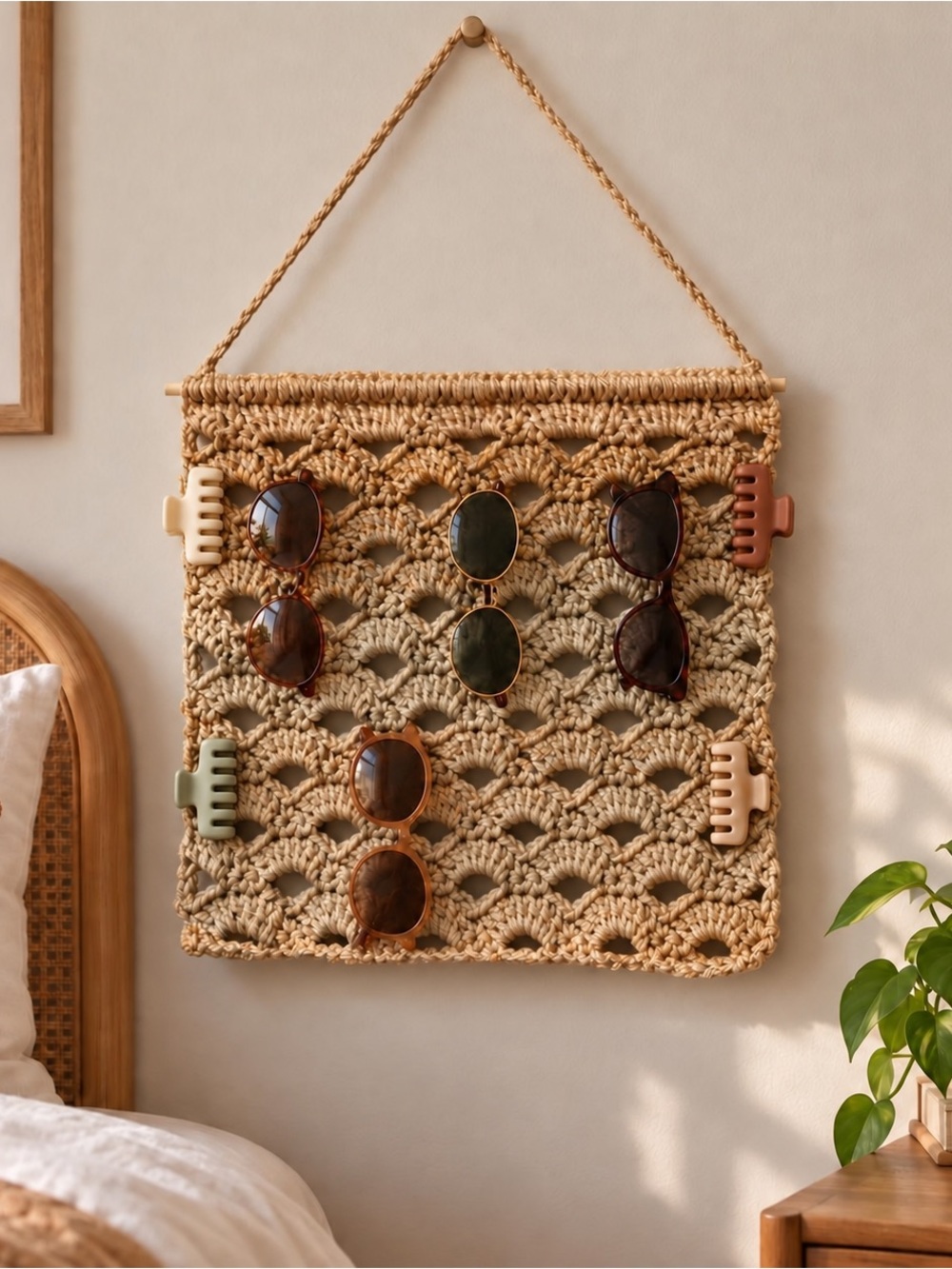 Handmade Crochet Sunglasses & Hair Clip Wall Organizer Boho Decor
